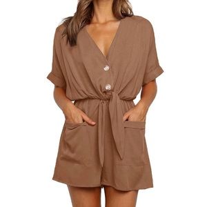 Ivay Khaki V-Neck Tie Romper Relaxed Fit Playsuit